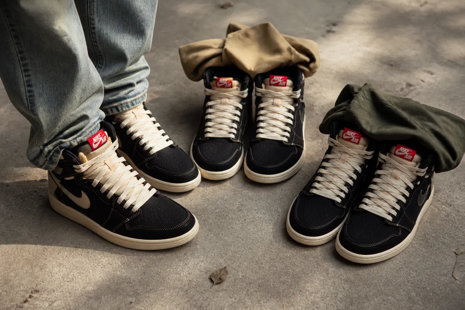Three panel lifestyle gallery showing Air Jordan 1 High OG Flight Club styled with different everyday looks: casual streetwear with jeans, smart casual with chinos, and weekend adventure outfit with cargo pants