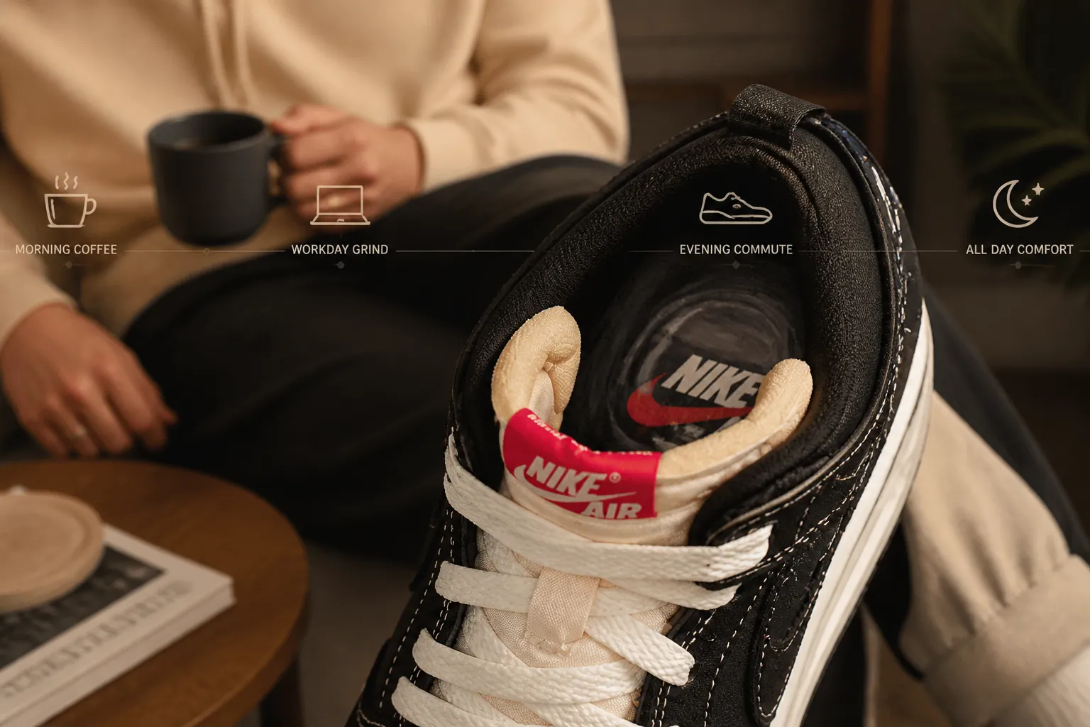 Detailed close-up showing Nike Air-Sole technology inside the heel with soft glowing effect and timeline visualization of comfortable all-day wear from morning coffee through evening commute