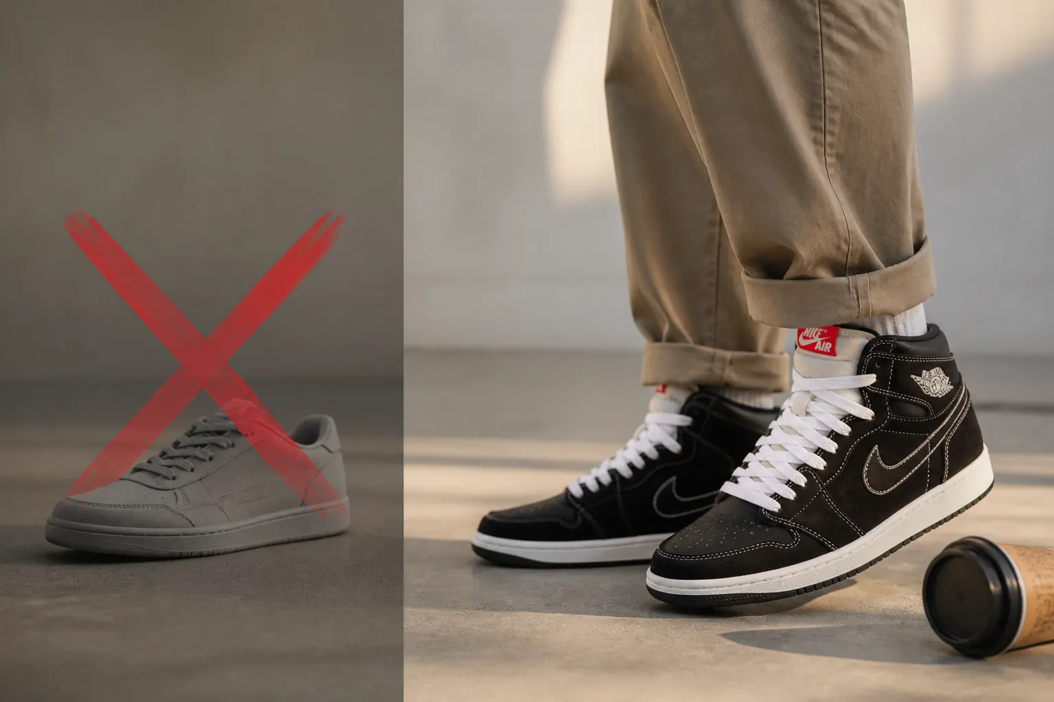 Split comparison showing basketball player wearing Air Jordan on left crossed out with red X, and everyday person wearing the same shoe casually on right with checkmark, demonstrating that these shoes are for everyone not just athletes