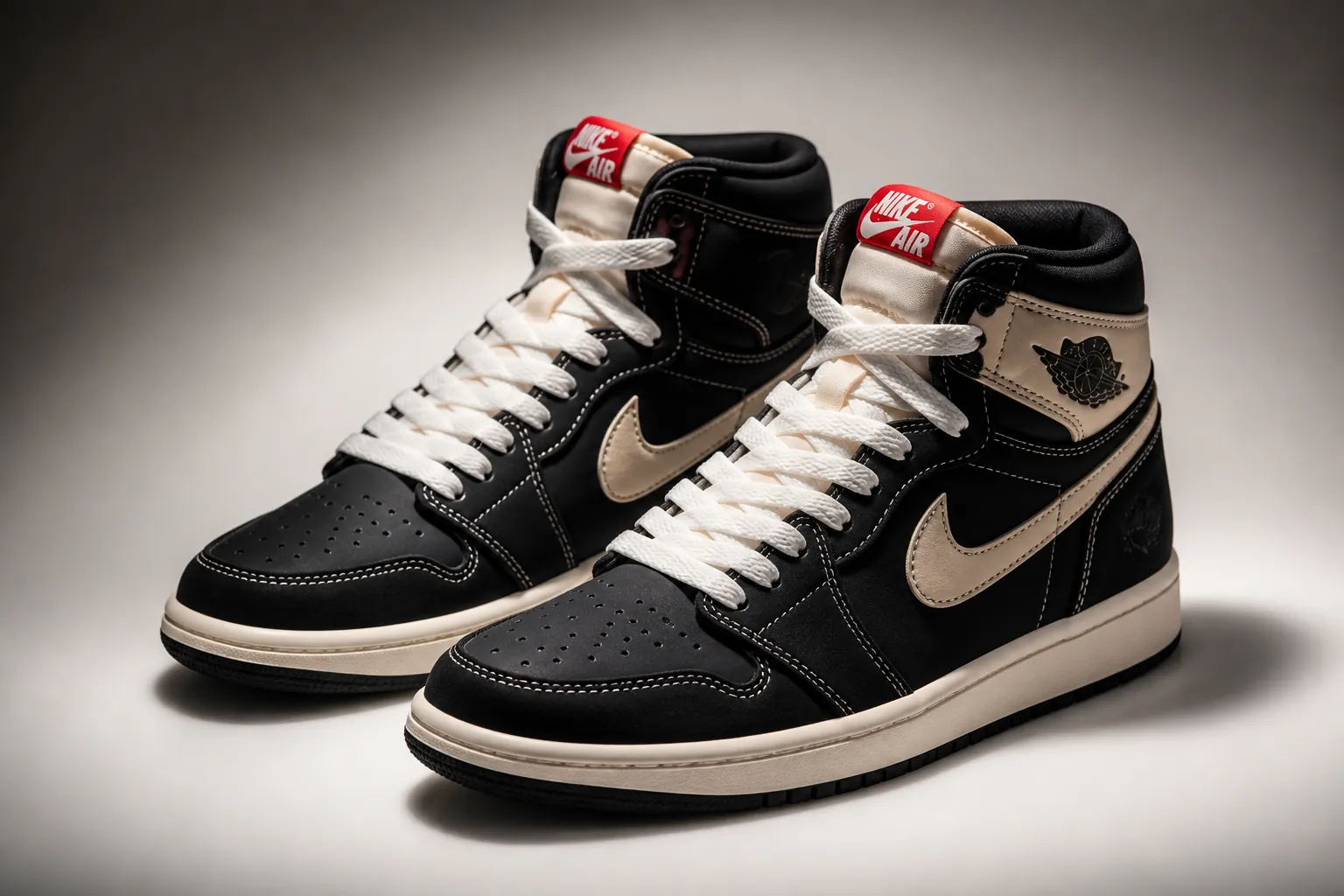 Dramatic hero shot of Air Jordan 1 High OG Flight Club centered at slight angle with bold YOUR TURN typography overlay and powerful spotlight lighting creating cinematic feel