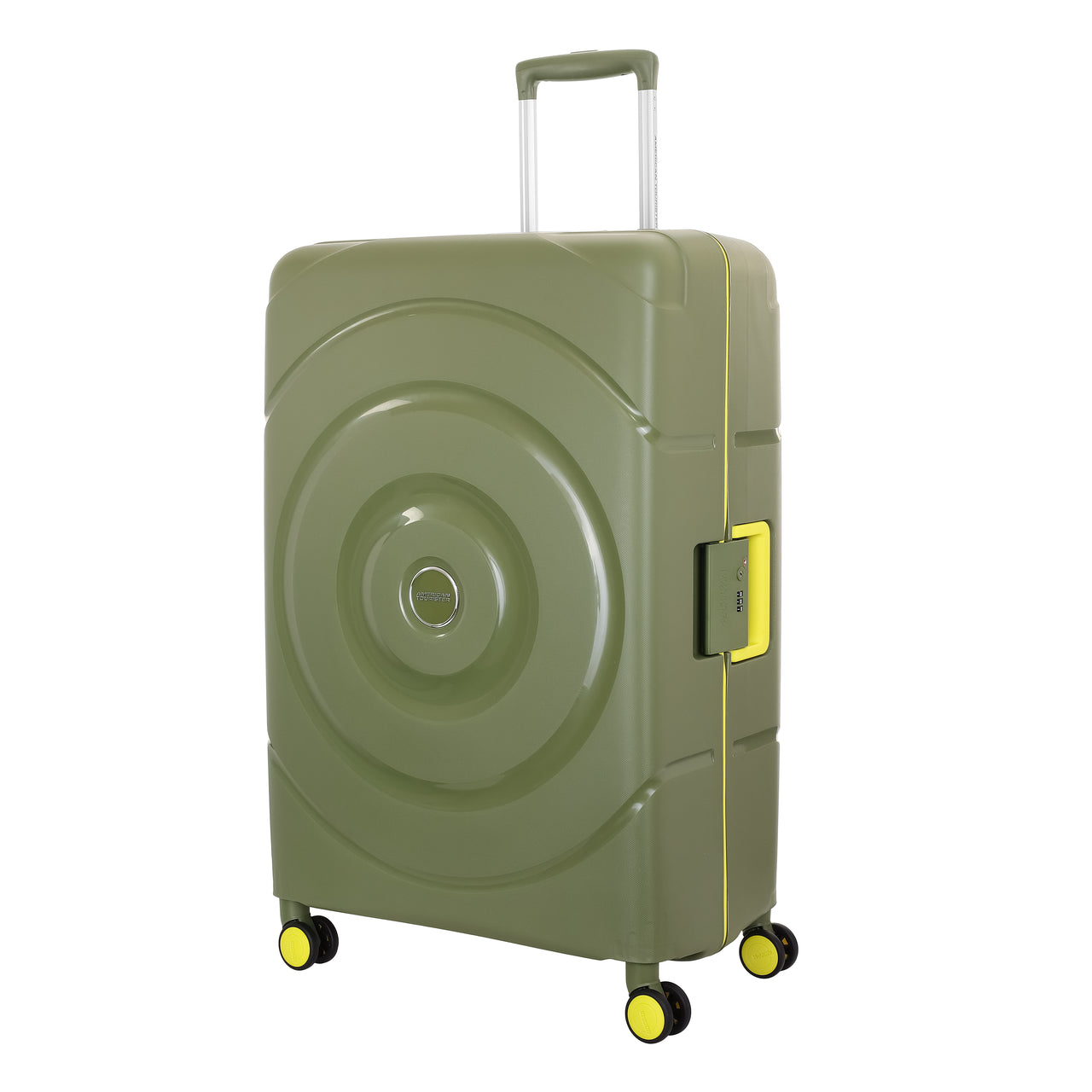 Premium Circurity hardshell spinner luggage in sophisticated green finish with 3-point lock visible, displayed on soft white background