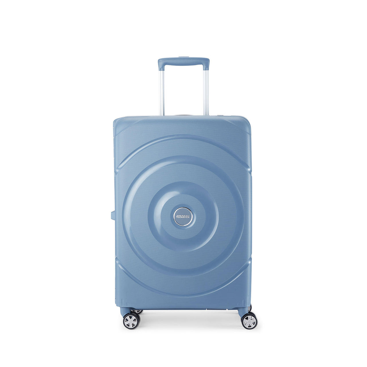 Premium Circurity hardshell spinner luggage in striking blue finish with 3-point lock visible, displayed on soft white background