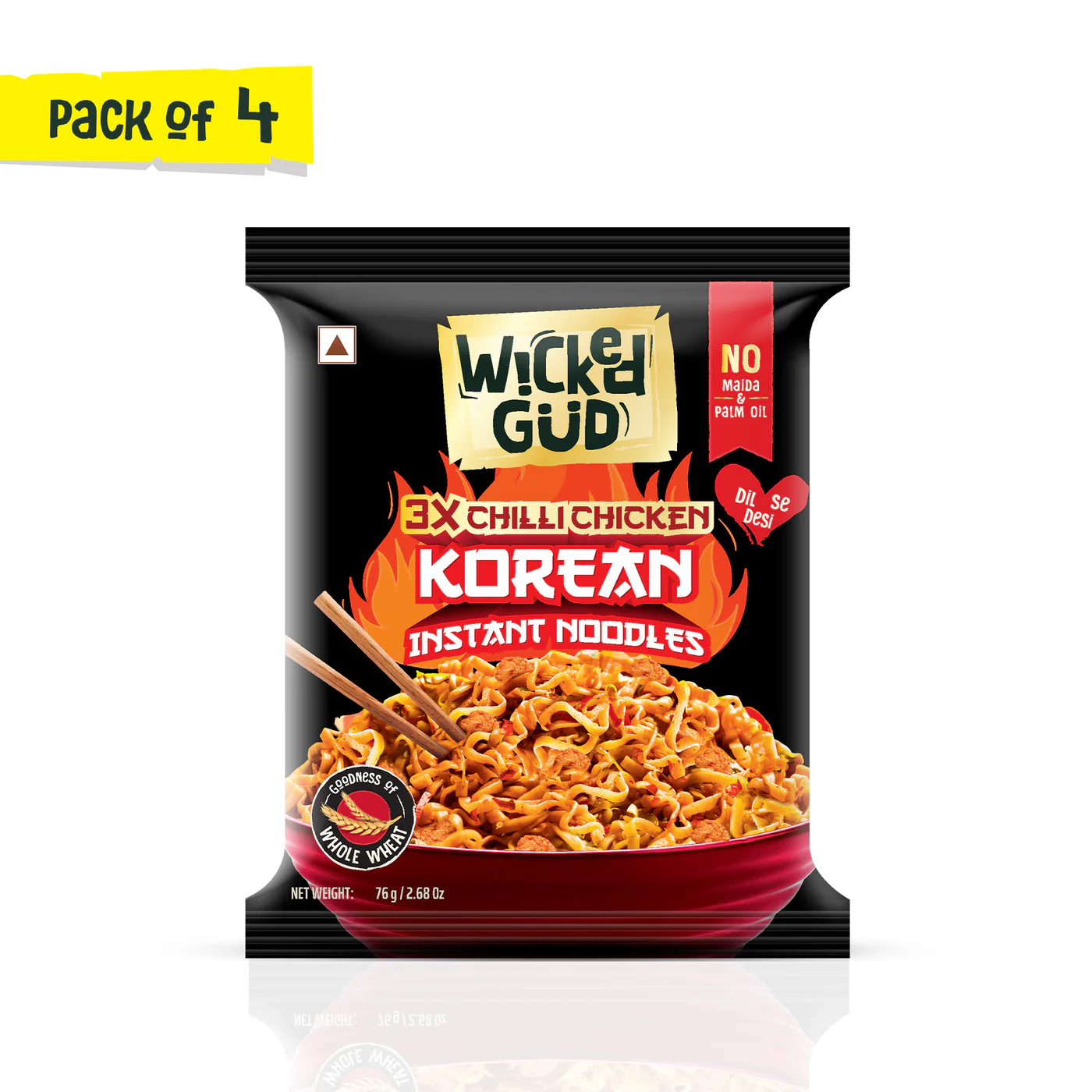 Premium 3x chilli chicken Korean instant noodles pack of 4 product image showing sealed packets with fiery red design
