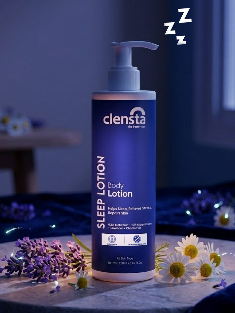 Sleep Body Lotion With Melatonin bottle in moonlight setting with lavender flowers and peaceful sleeping person backdrop