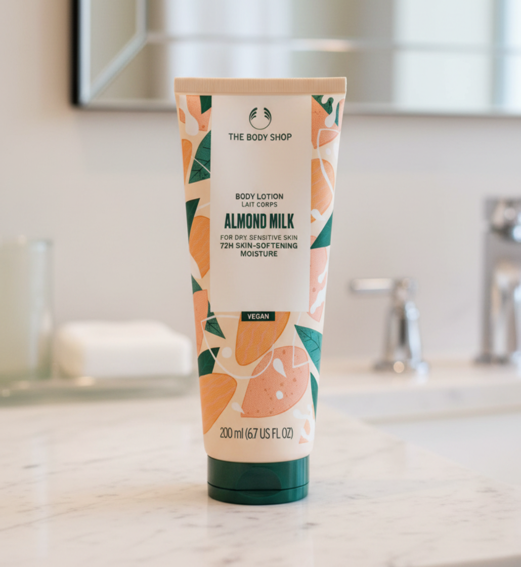 Almond Milk Creamy Body Lotion tube in cream color with almond illustration on white background