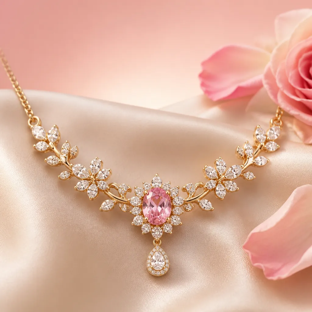 Elegant front-facing view of the Blooming Romance Diamond Necklace displaying the stunning central pink stone surrounded by brilliant-cut diamonds, set in lustrous gold metal with soft gradient background