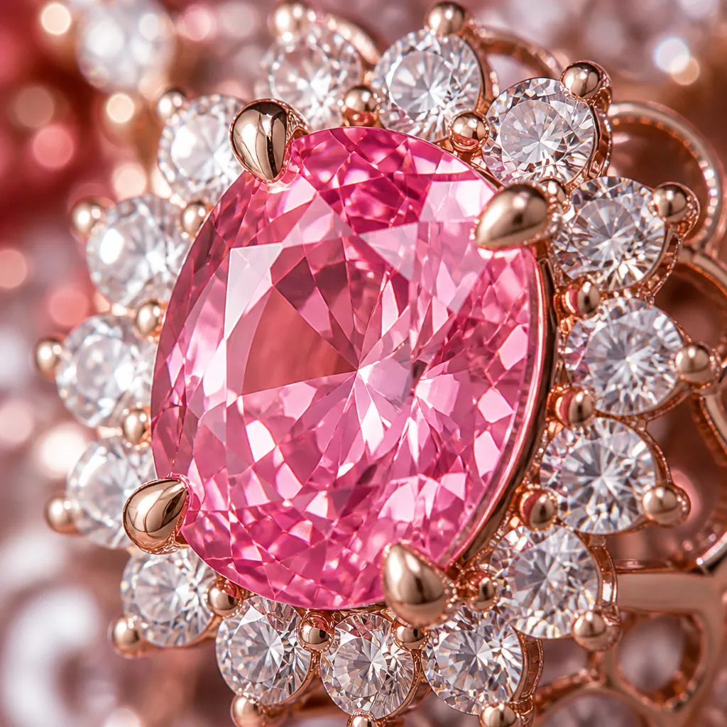 Stunning macro close-up of the vivid pink center stone of the Blooming Romance necklace surrounded by smaller diamond accents, showing the rich saturated pink color with internal glow effect and brilliant sparkle highlights