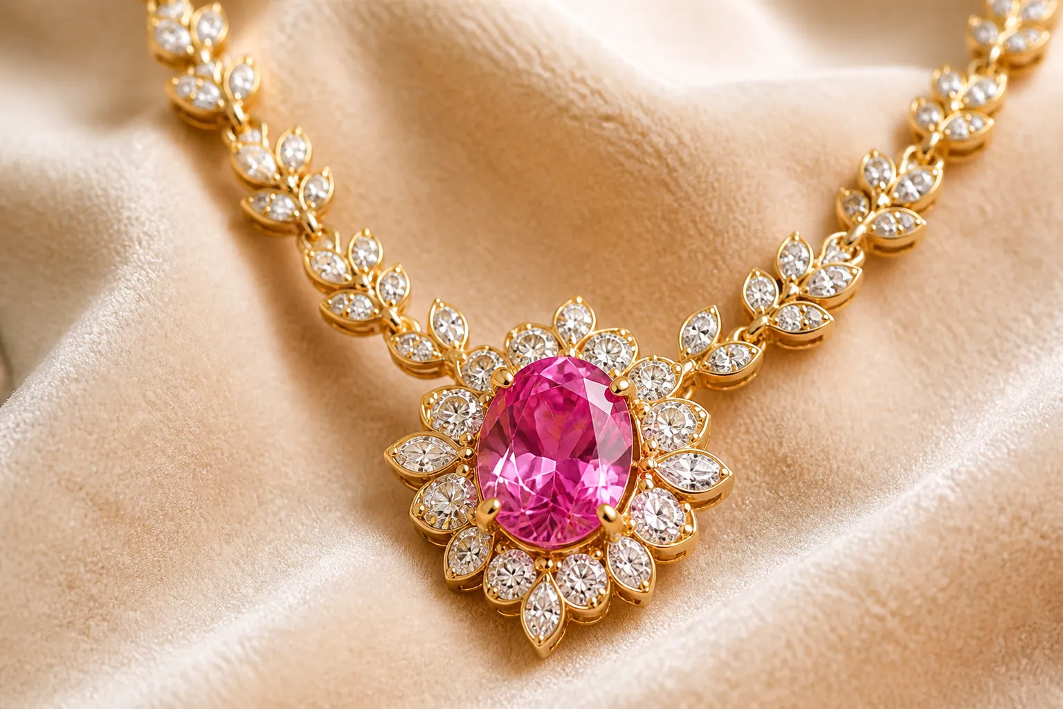 Close-up macro shot of Blooming Romance necklace showing brilliant diamond sparkle and vibrant pink stone detail set in elegant gold, illuminated by soft studio lighting to highlight the brilliant cut facets and rich pink hue