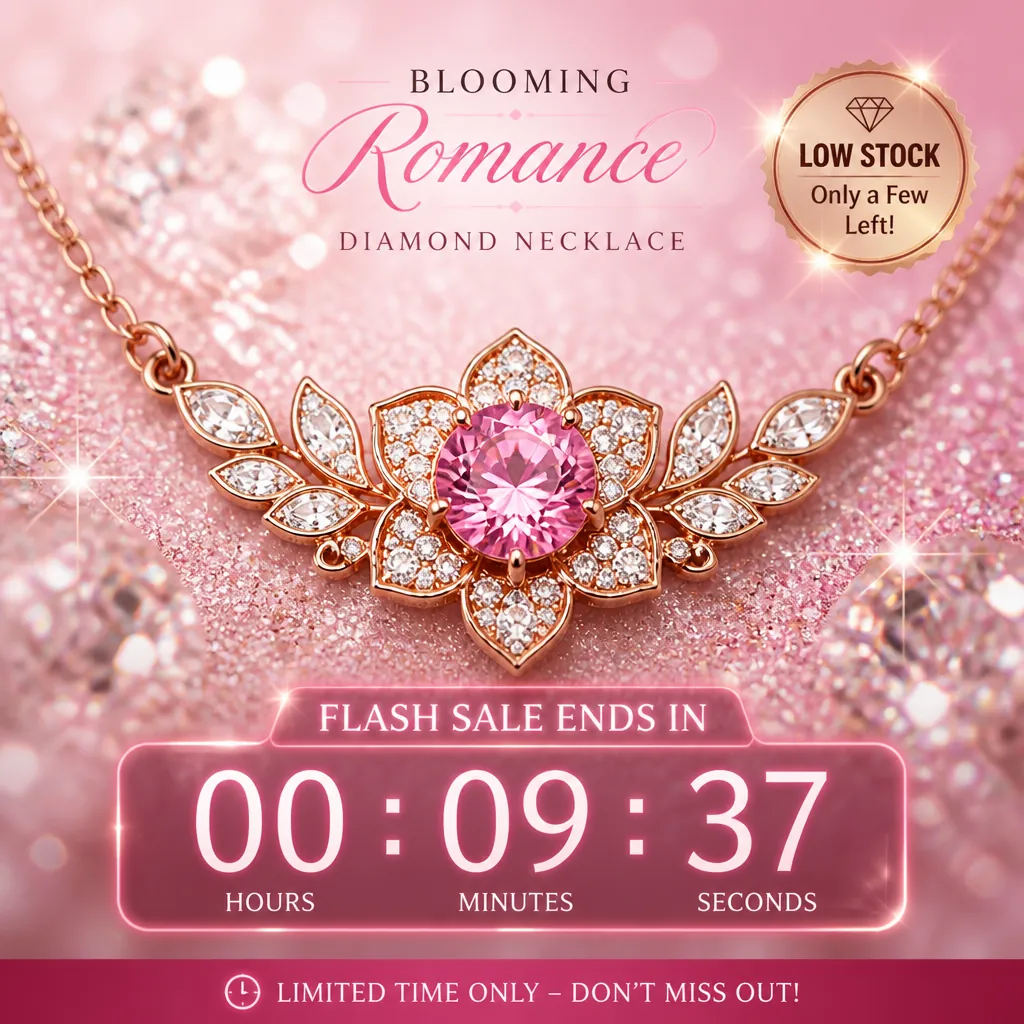 Vibrant urgency countdown timer display showing hours minutes and seconds ticking down, overlaid on a sparkling diamond necklace background with low stock warning badge and pink gradient accents for limited time offer