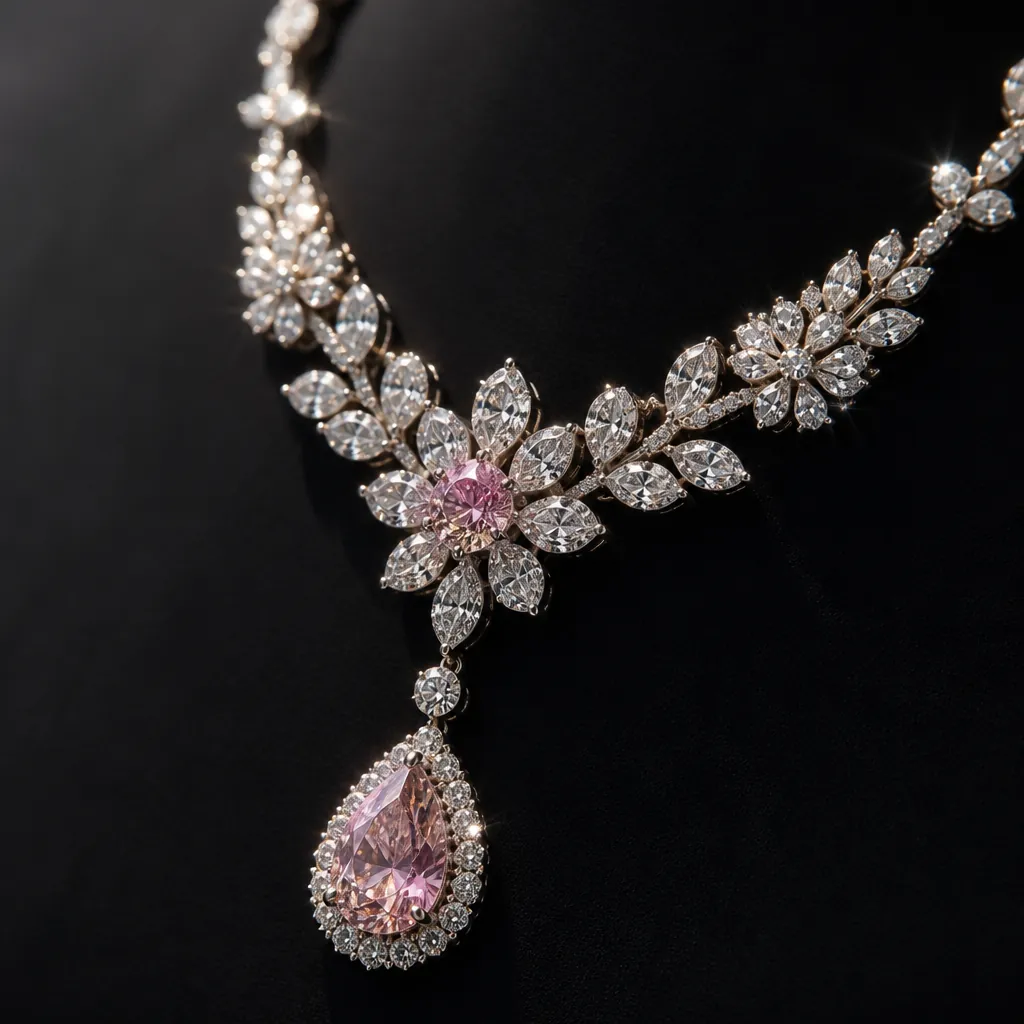 Sophisticated side-angle photograph of Blooming Romance necklace against dark background, featuring dramatic sparkle effect from diamond facets catching light, emphasizing the three-dimensional craftsmanship and elegant pendant drop design