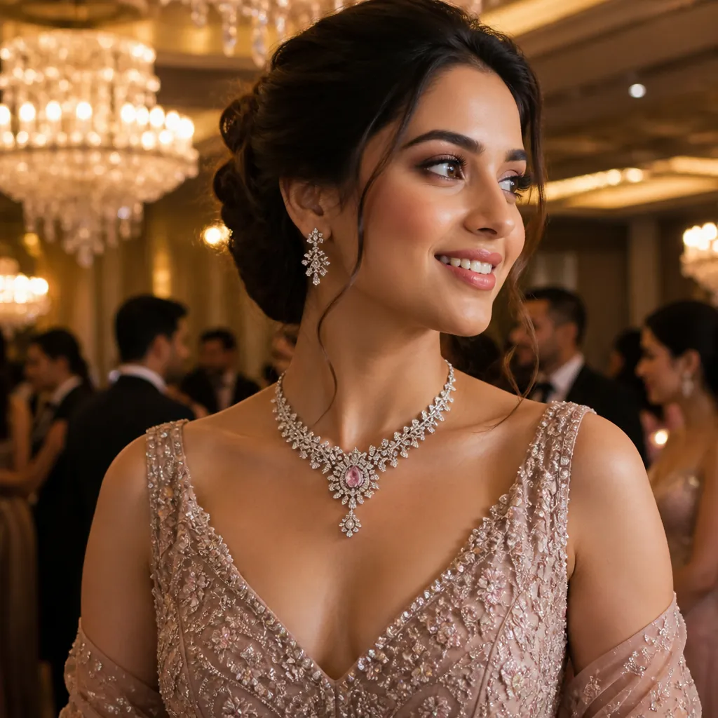 Stylish Indian woman wearing the Blooming Romance diamond necklace with an elegant designer party dress at a glamorous evening event with sparkling chandeliers and ambient lighting