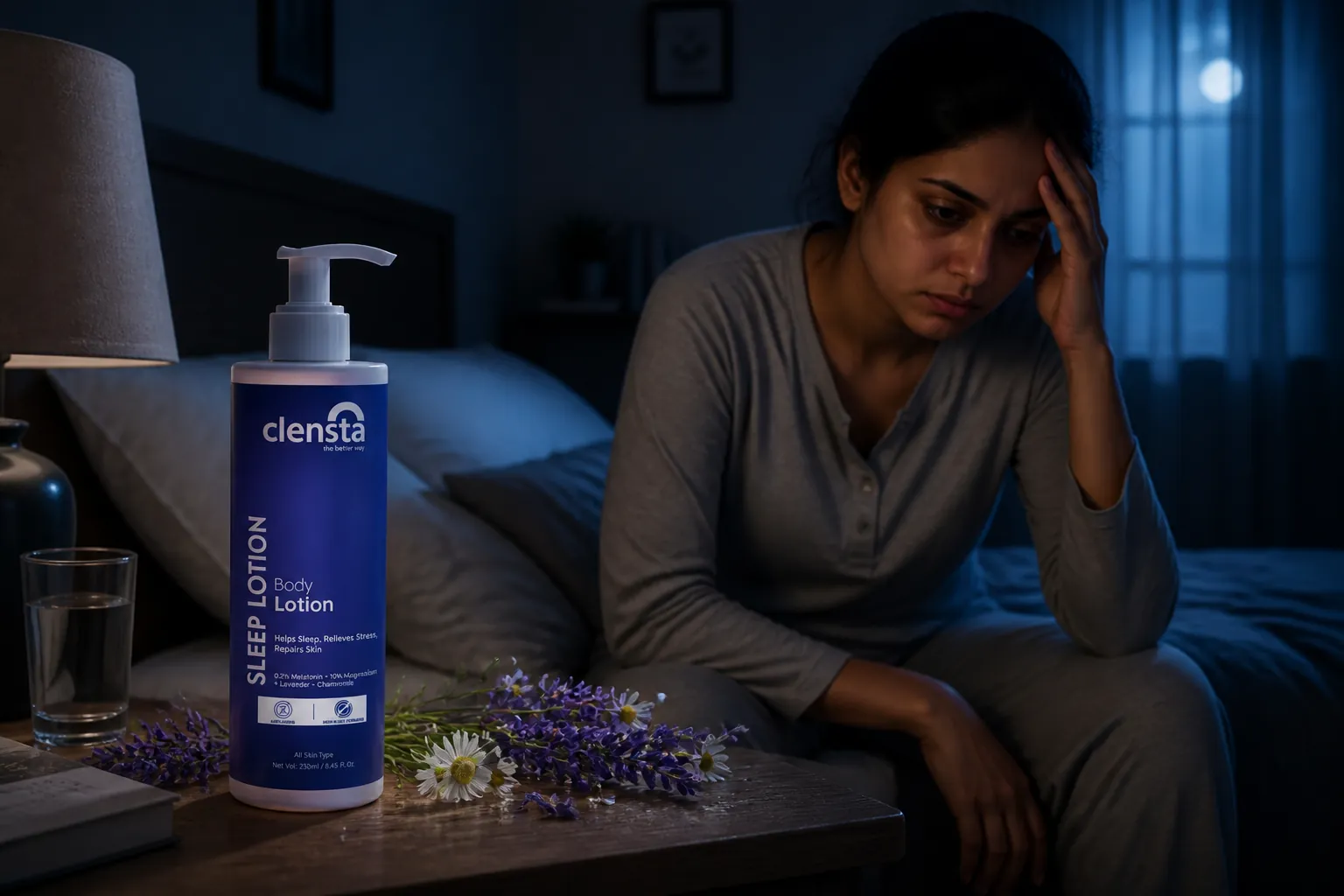 Tired person with dark circles under eyes, looking stressed while holding their head, sitting on edge of bed at night