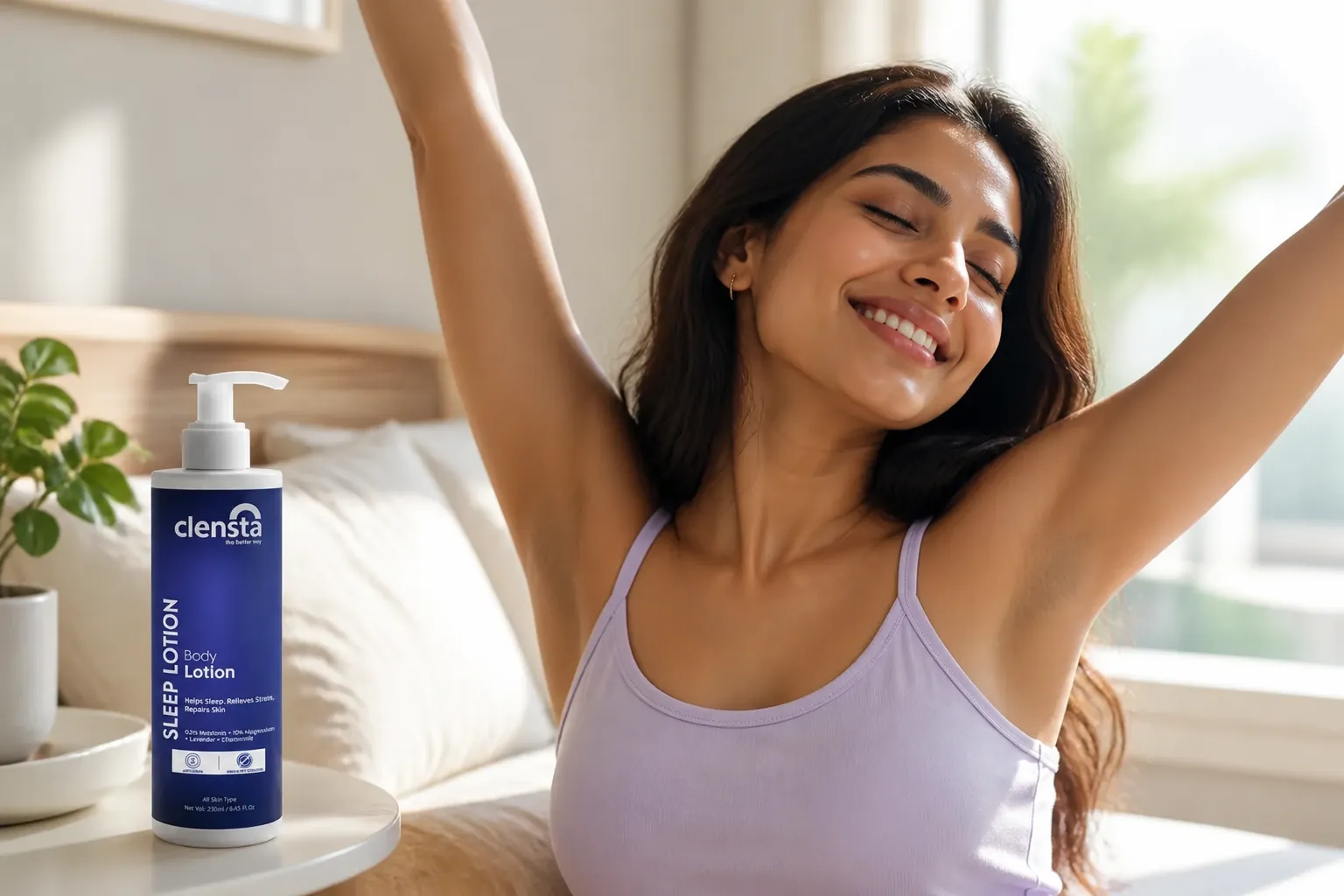Happy energetic person stretching and smiling in morning light, radiating confidence and vitality after a restful night's sleep