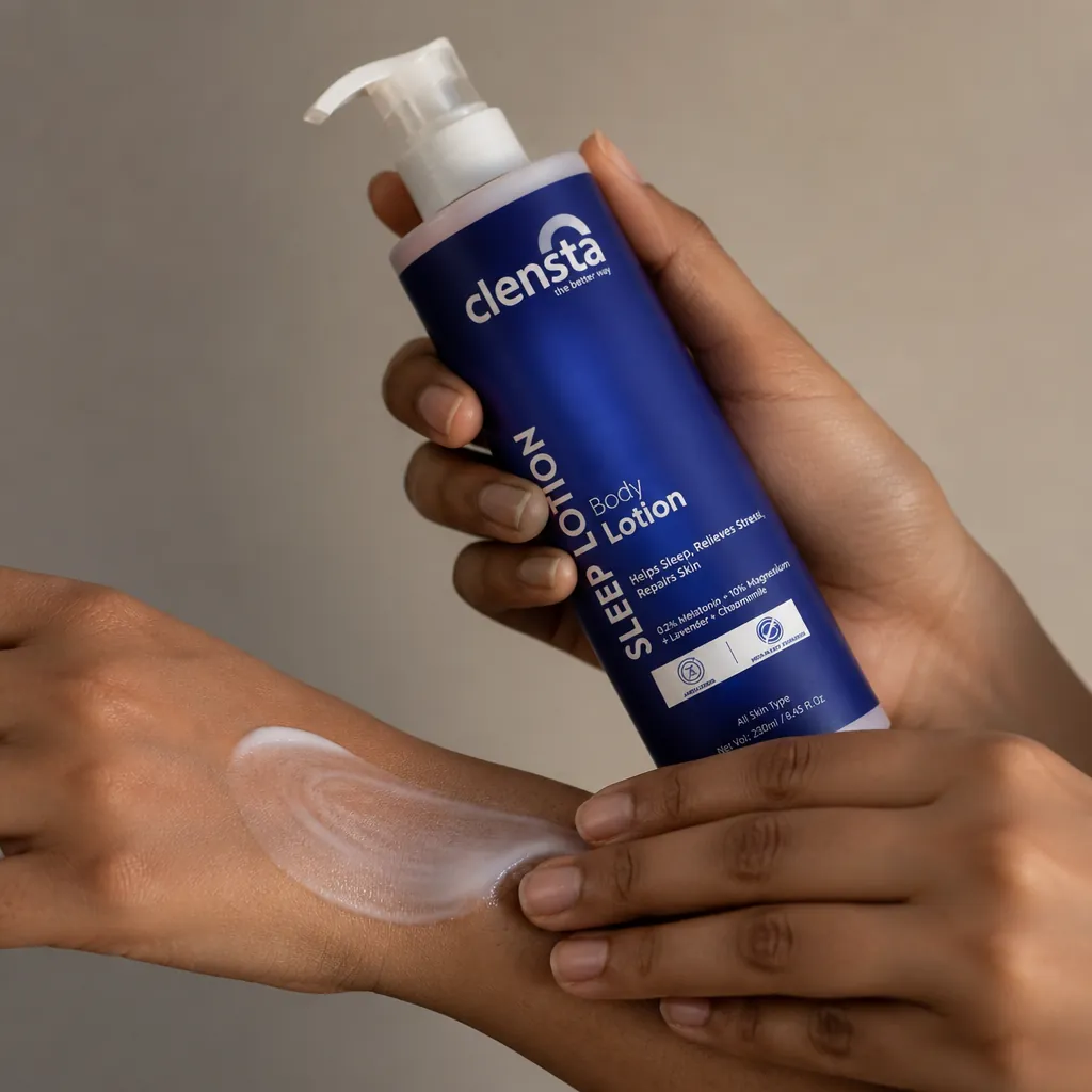 Hands applying cream to skin with circular massage motions, showing the gentle application technique for the sleep body lotion