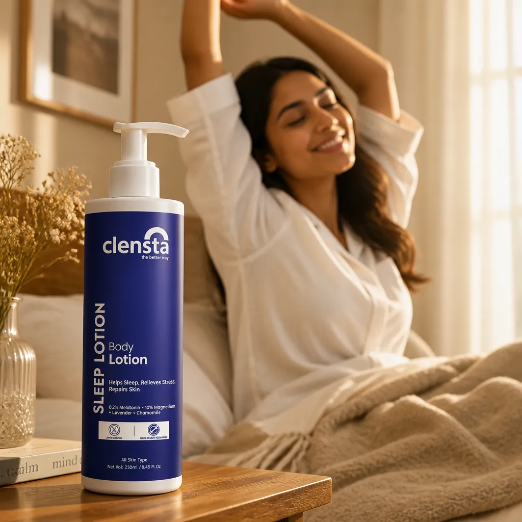 Person waking up with a bright smile, stretching arms overhead in morning sunlight streaming through window curtains