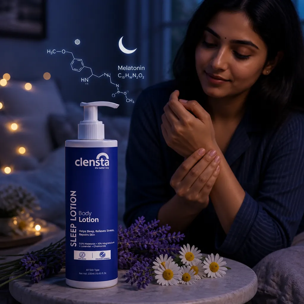 Melatonin molecule illustration with a crescent moon symbolizing the sleep hormone's role in regulating the body's natural sleep-wake cycle