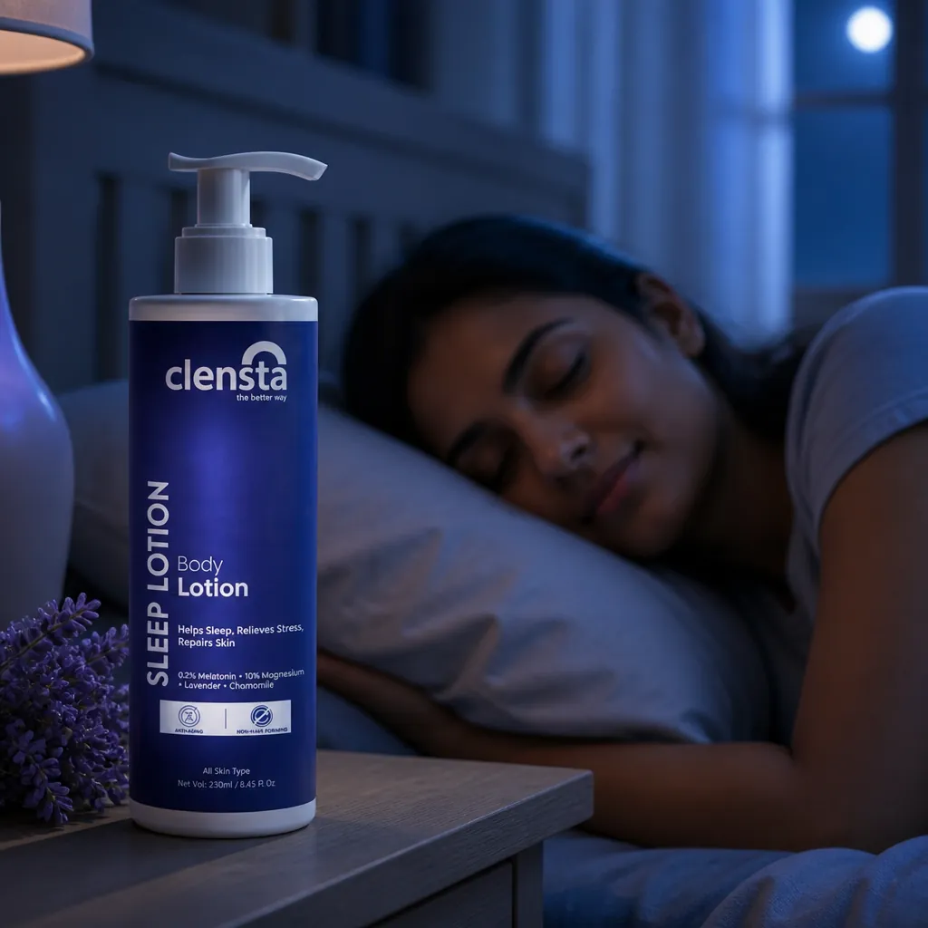 Person relaxing in bed with eyes closed, surrounded by soft moonlight and pillows, showing the peaceful moment before sleep
