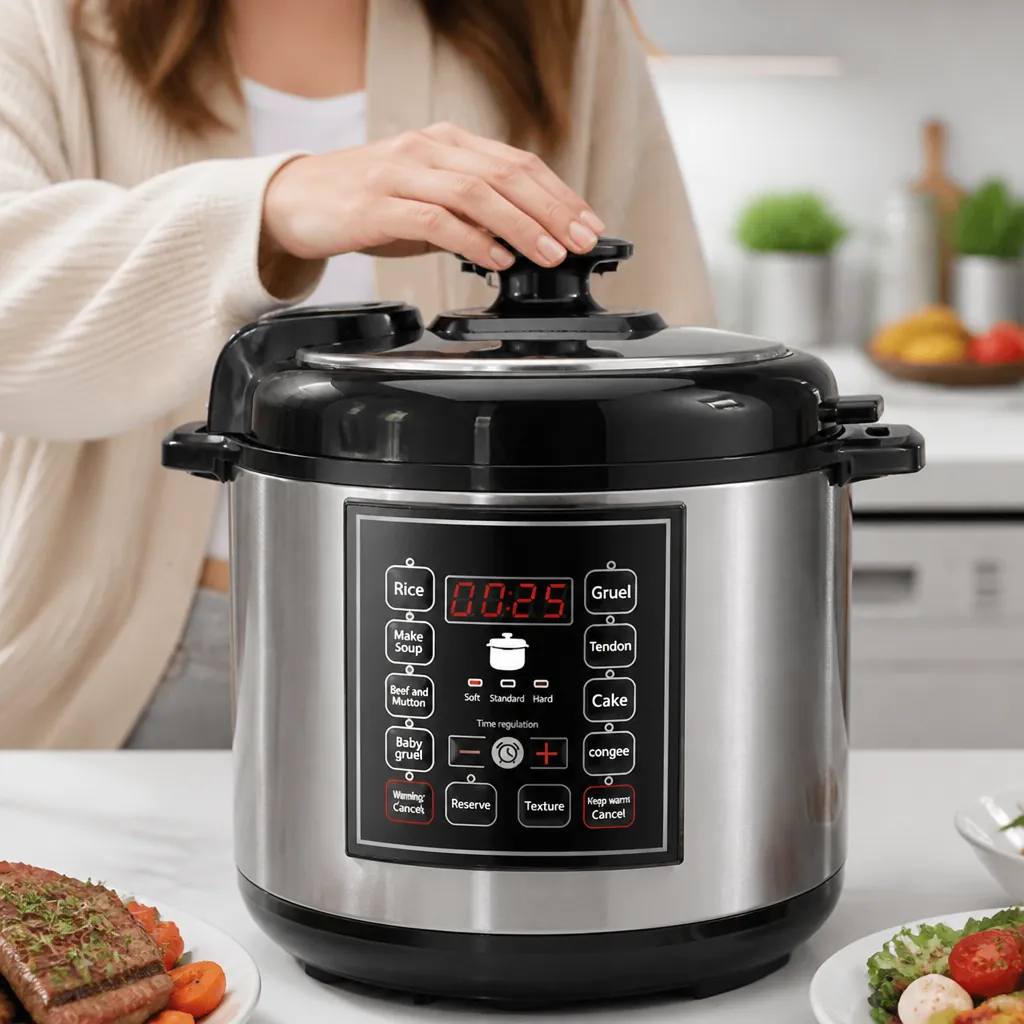 Close-up shot of the pressure cooker's premium aluminum alloy construction showing the safety valve, LCD display panel with digital readout, and sleek European-standard housing in a modern kitchen setting with soft studio lighting