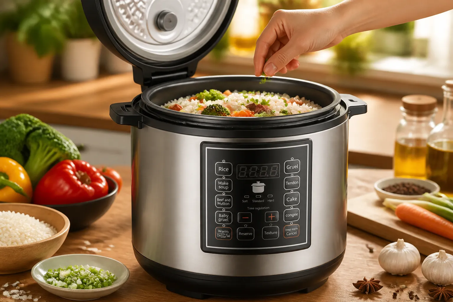 Fresh ingredients being added to the pressure cooker pot including rice grains, vegetables, and seasoning arranged on a clean kitchen counter with warm natural lighting