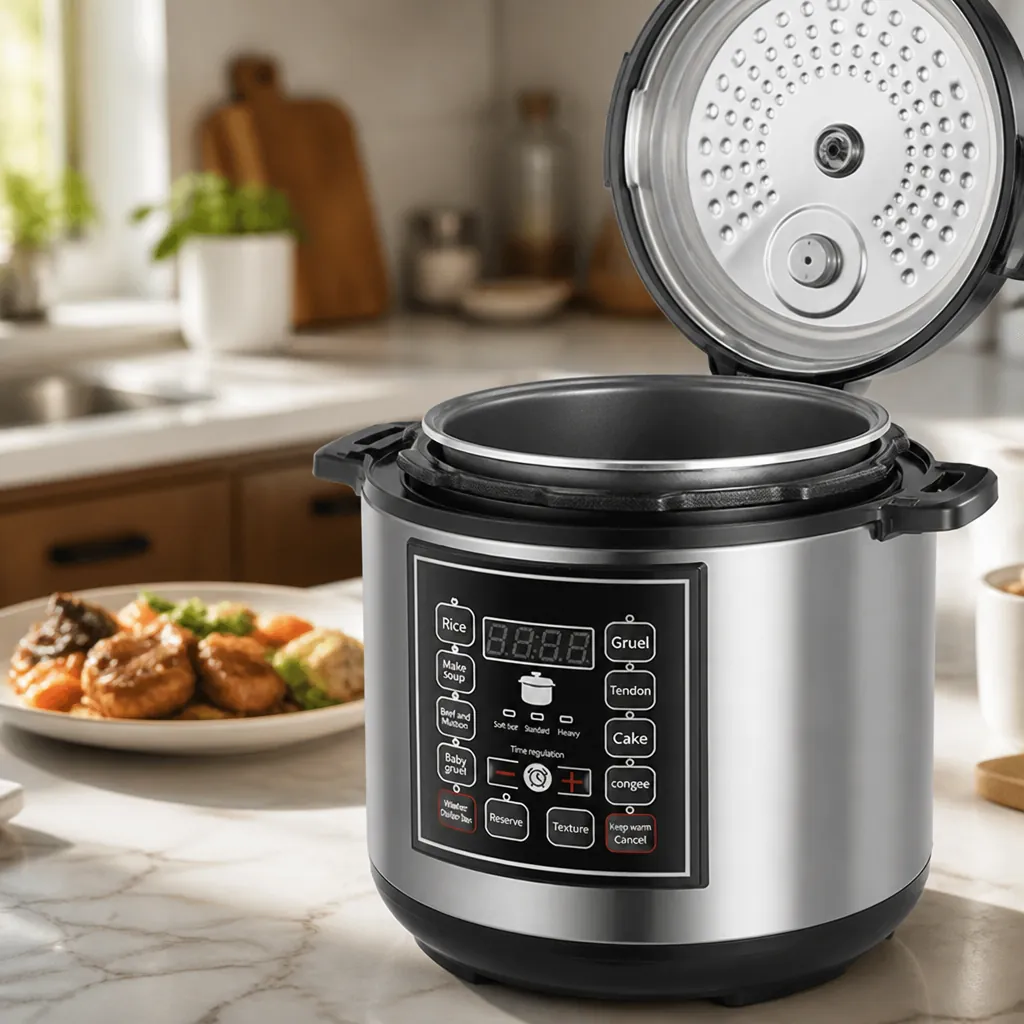 Final product shot showing the pressure cooker lid open with the aluminum inner pot visible in a lifestyle kitchen setting