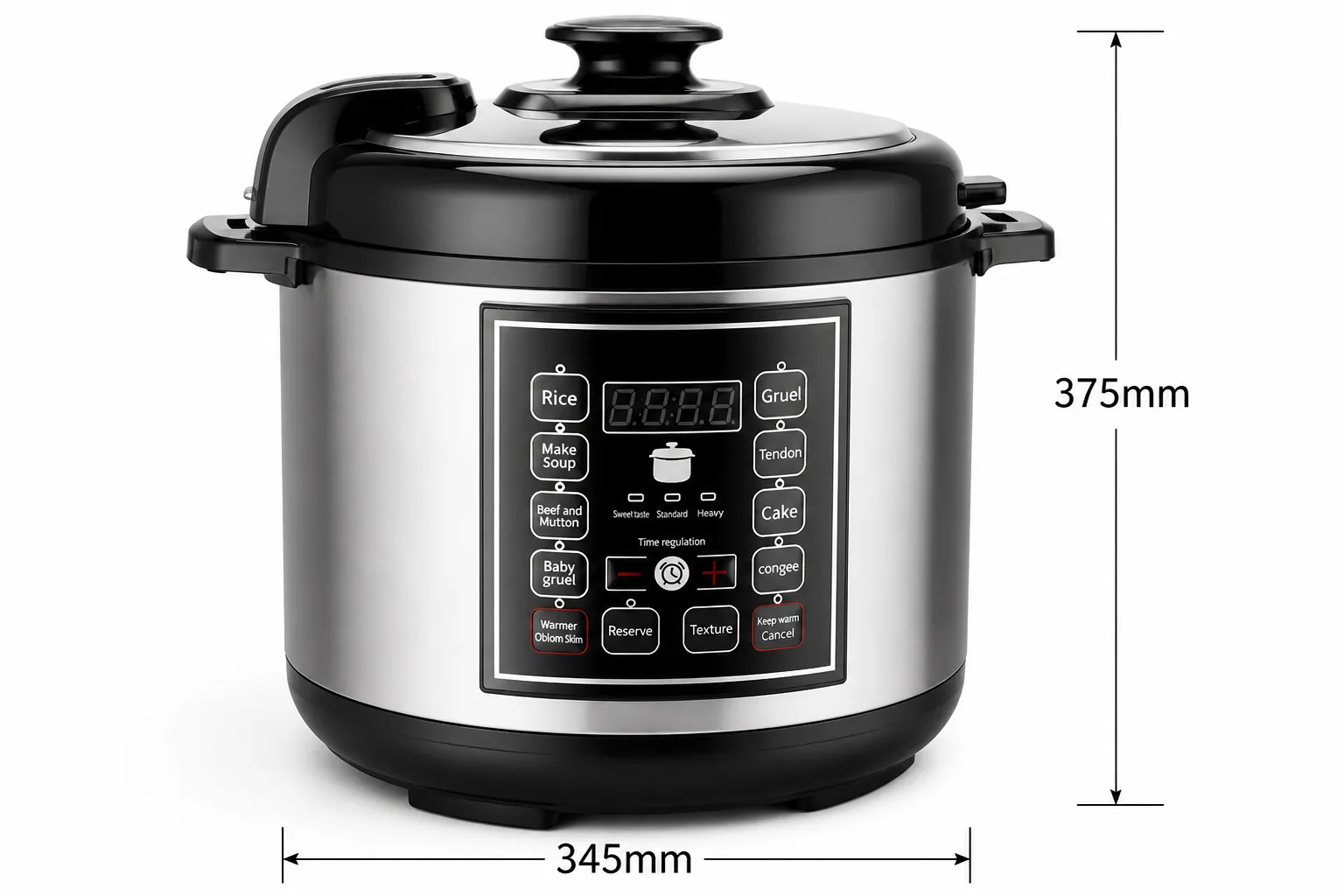 Clean product diagram showing the pressure cooker dimensions of 345 by 375 millimeters with precise measurement annotations on a white technical drawing background