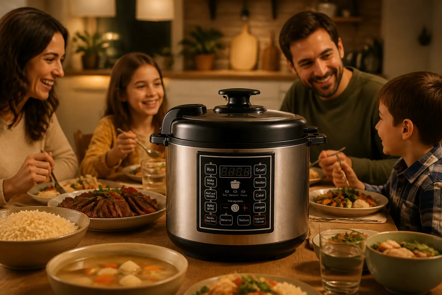 Happy family gathered around a dinner table enjoying a hot, perfectly cooked meal with the SmartCook rice cooker visible as the centerpiece in a warmly lit cozy kitchen