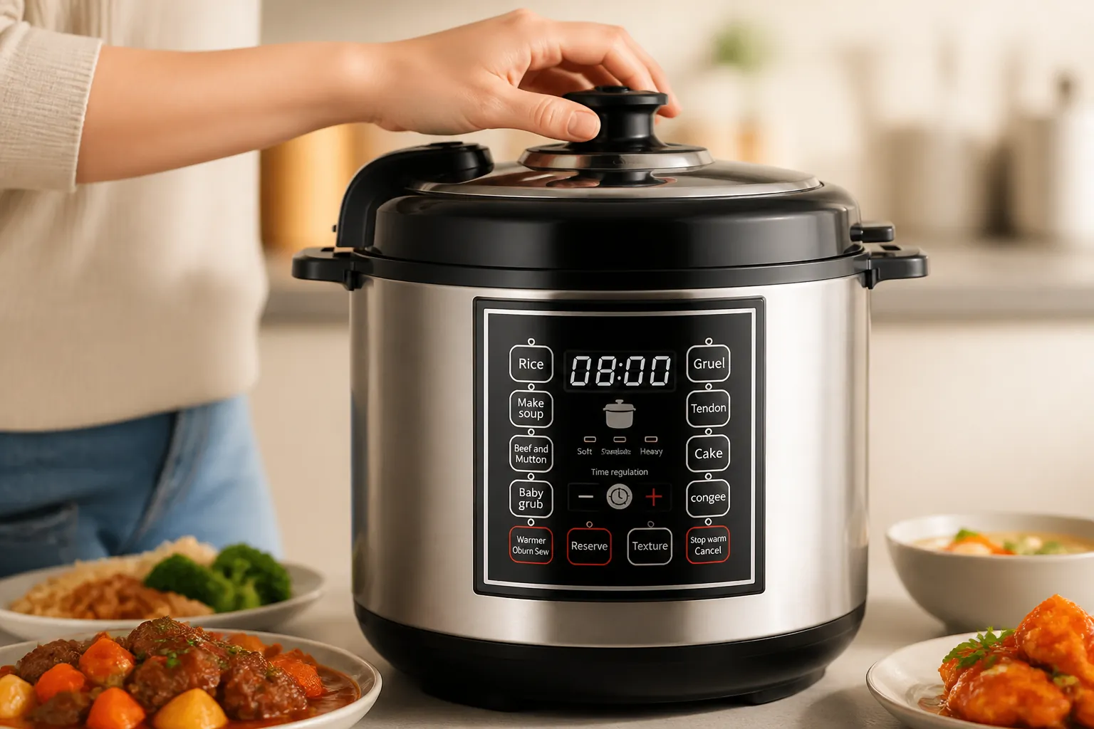 Hands setting the LCD timer display on the pressure cooker showing digital countdown at 8 hours with the reservation mode indicator illuminated in a modern kitchen setting