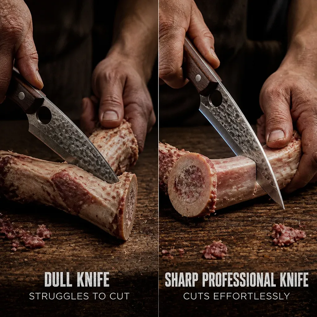 Split comparison showing dull knife struggling to cut bone on the left versus the sharp professional knife gliding through effortlessly on the right, with dramatic kitchen lighting highlighting the blade