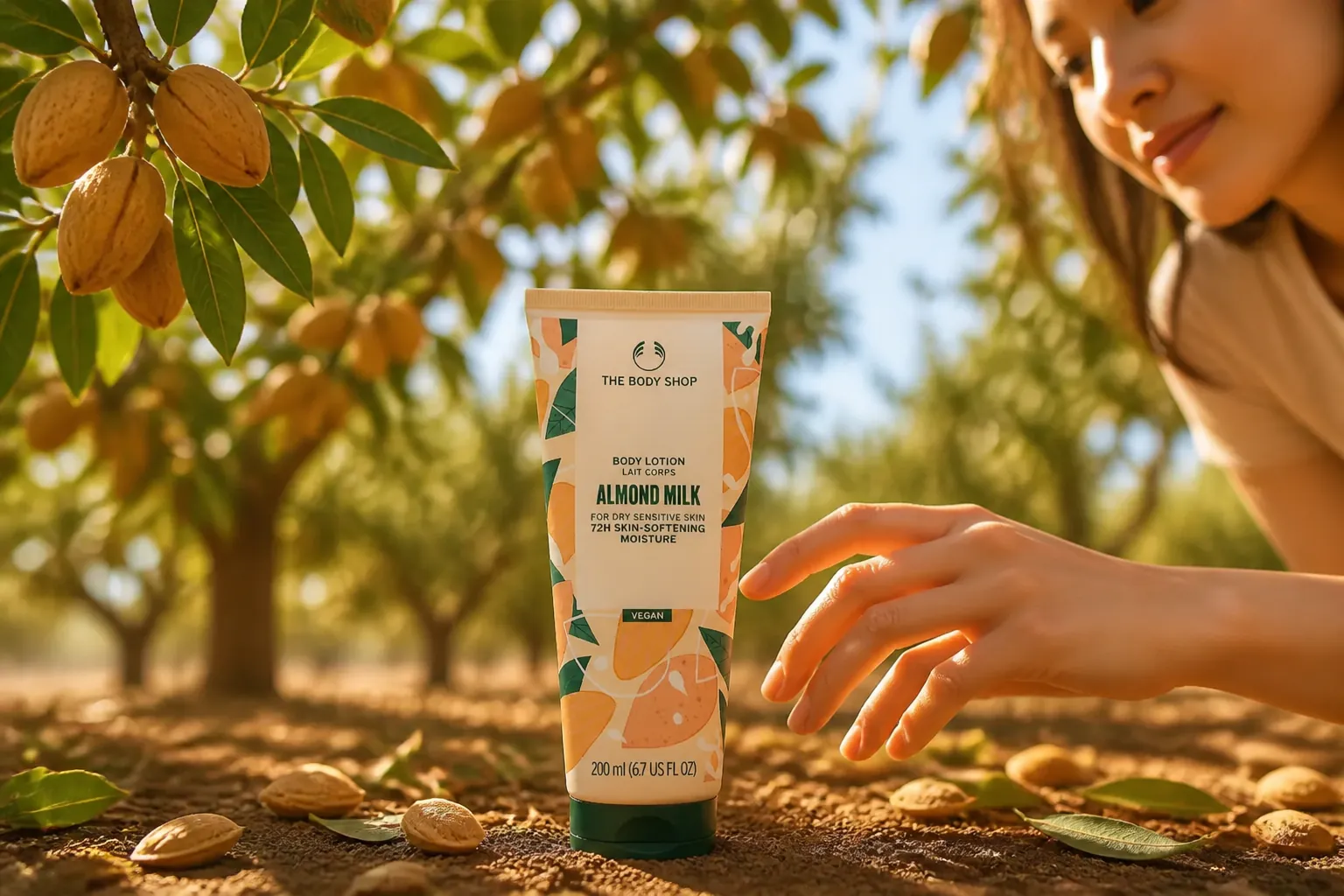 Golden sunlight filtering through almond trees in a Spanish orchard, with ripe almonds glistening on branches against a warm blue sky