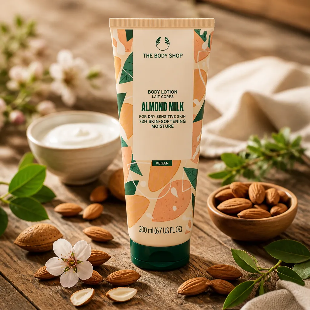 Fresh organic almonds, botanical extracts, and natural skincare ingredients arranged artfully on a rustic wooden surface with soft natural lighting