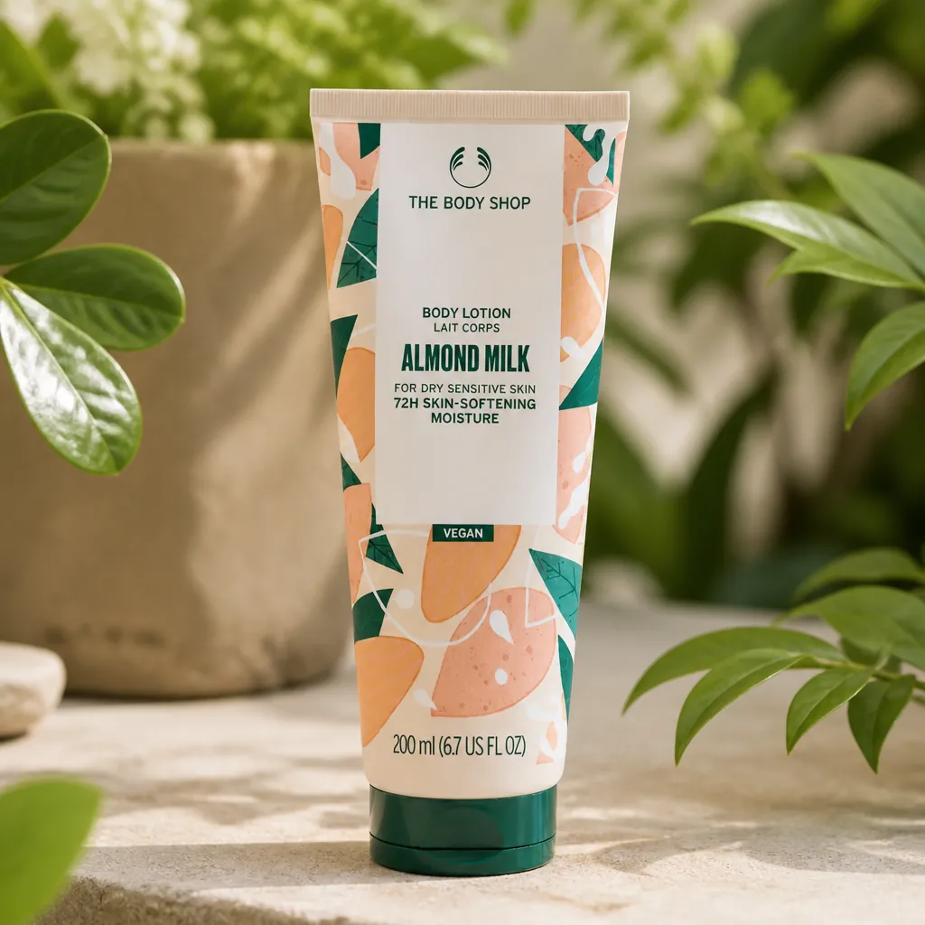 Modern eco-friendly skincare tube made from recycled plastic with leaf icon, displayed on a natural stone surface with green plant accents