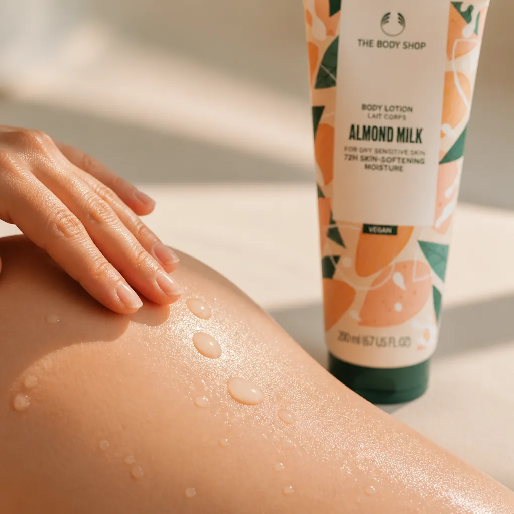 Close-up of smooth, glowing skin with golden almond milk droplets glistening, showcasing deep hydration and soft texture on hydrated skin