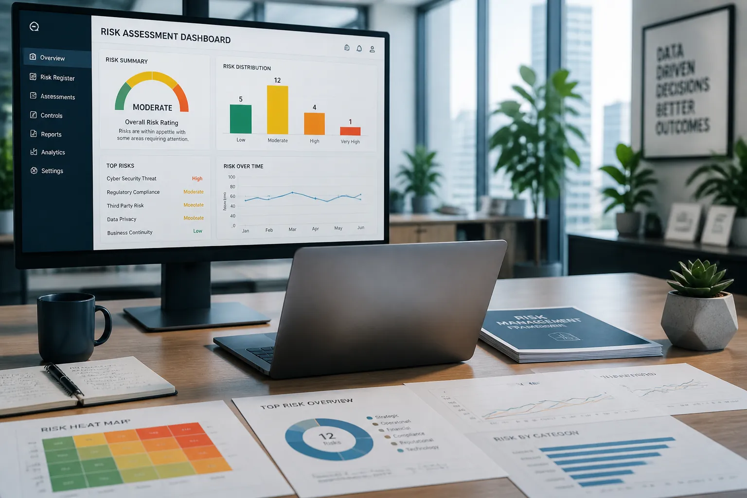 Business risk assessment dashboard showing risk meter gauge pointing to moderate risk zone, multiple data visualization charts, professional office background with modern analytics interface