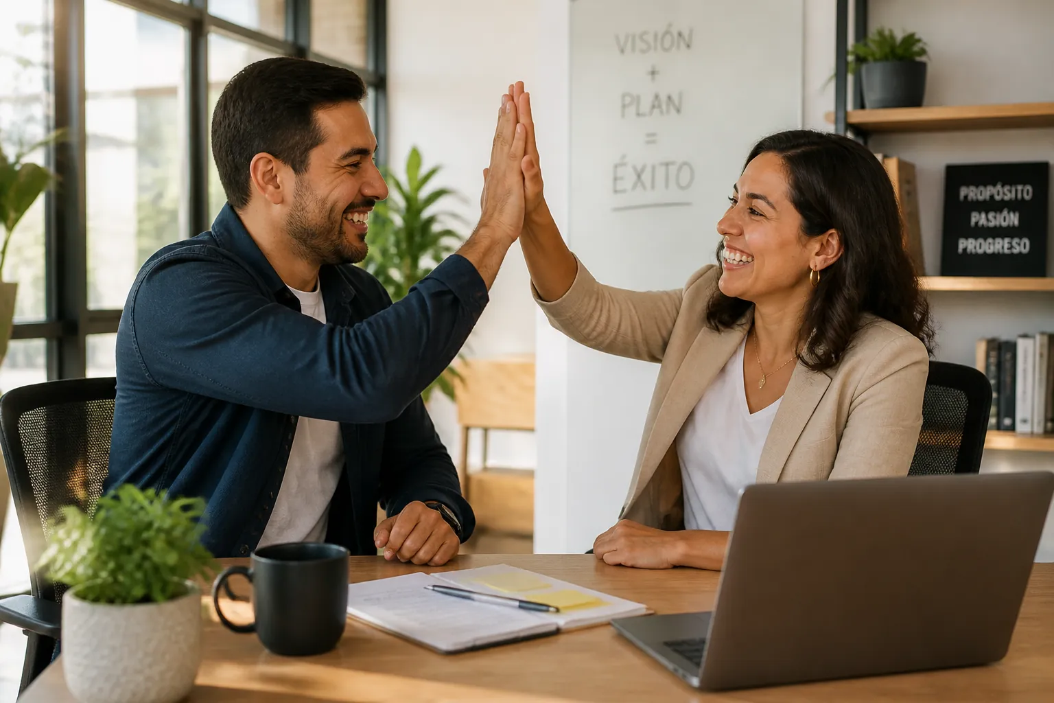 Two diverse business owners high-fiving in celebration, modern professional casual attire, bright optimistic office setting, warm natural lighting, expressing gratitude for time saved