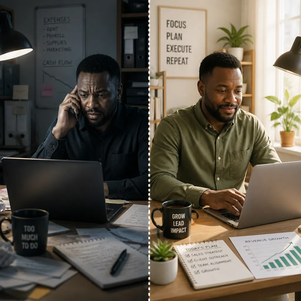 Split screen showing stressed business owner with phone on left transitioning to confident owner with laptop on right, dotted transformation line between them, stress indicators changing to green checkmarks