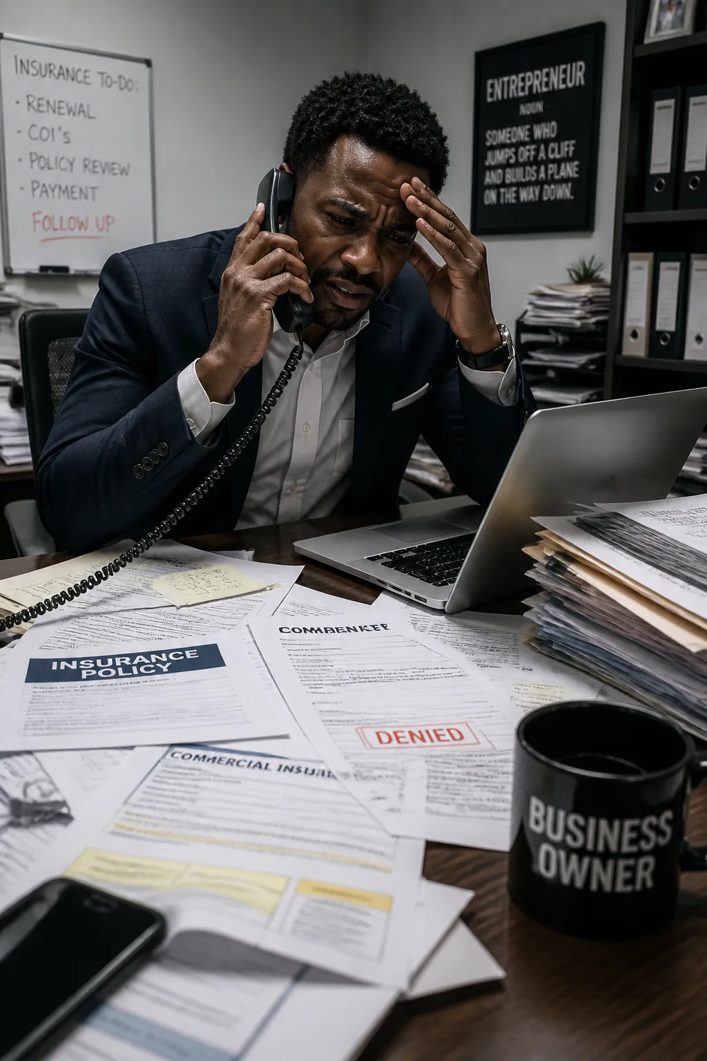 Frustrated business owner on phone surrounded by papers and insurance documents, stressed expression, cluttered desk, harsh fluorescent lighting