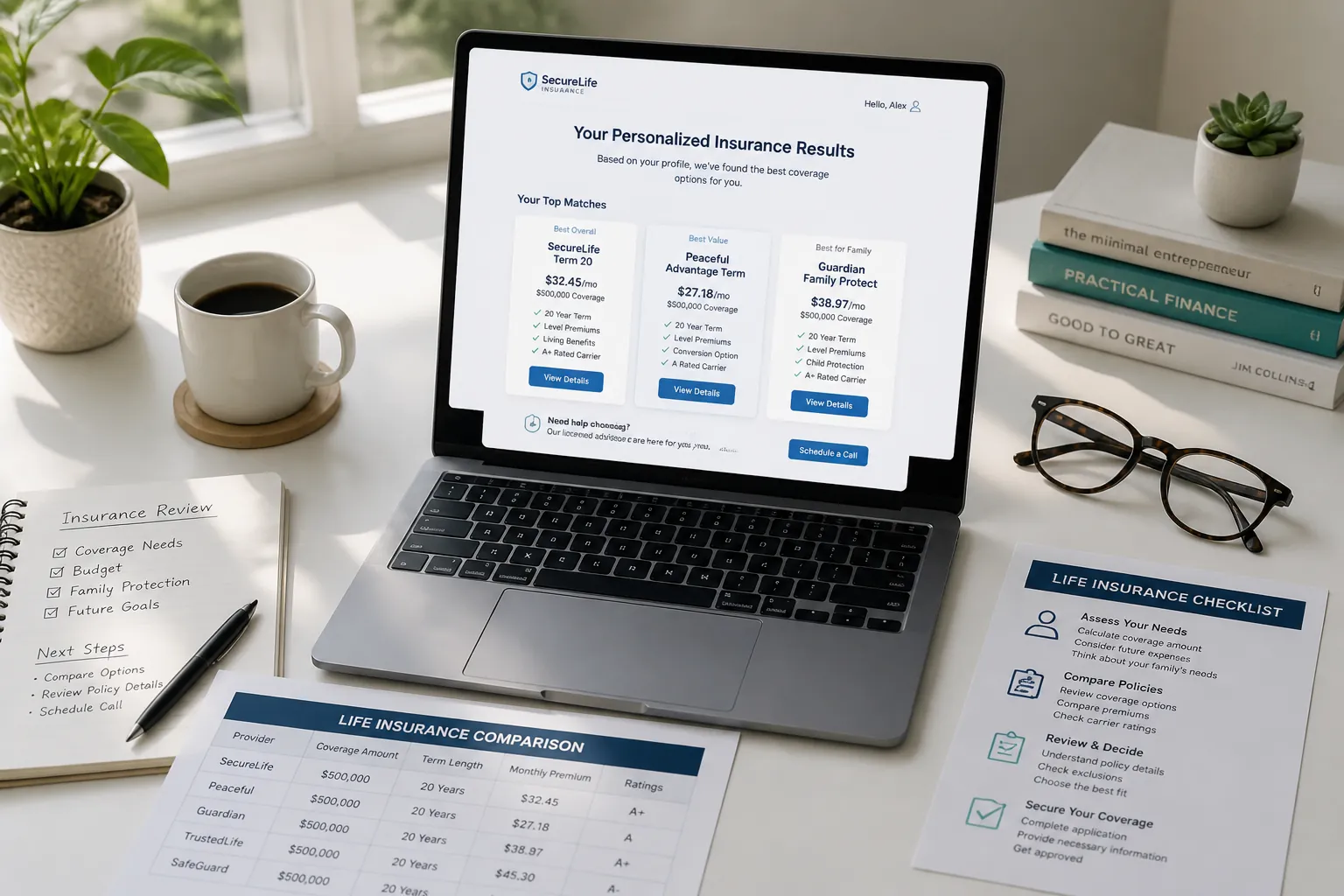 Email inbox showing personalized insurance results report with coverage recommendations, cost savings analysis, and comparison charts, modern dashboard interface design