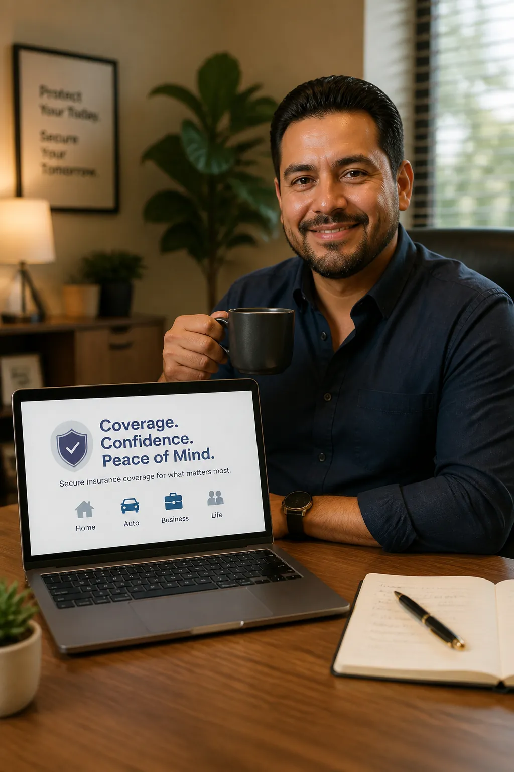 Business owner relaxing at laptop with coffee, looking satisfied with their insurance coverage, warm office lighting, professional casual attire, confident posture