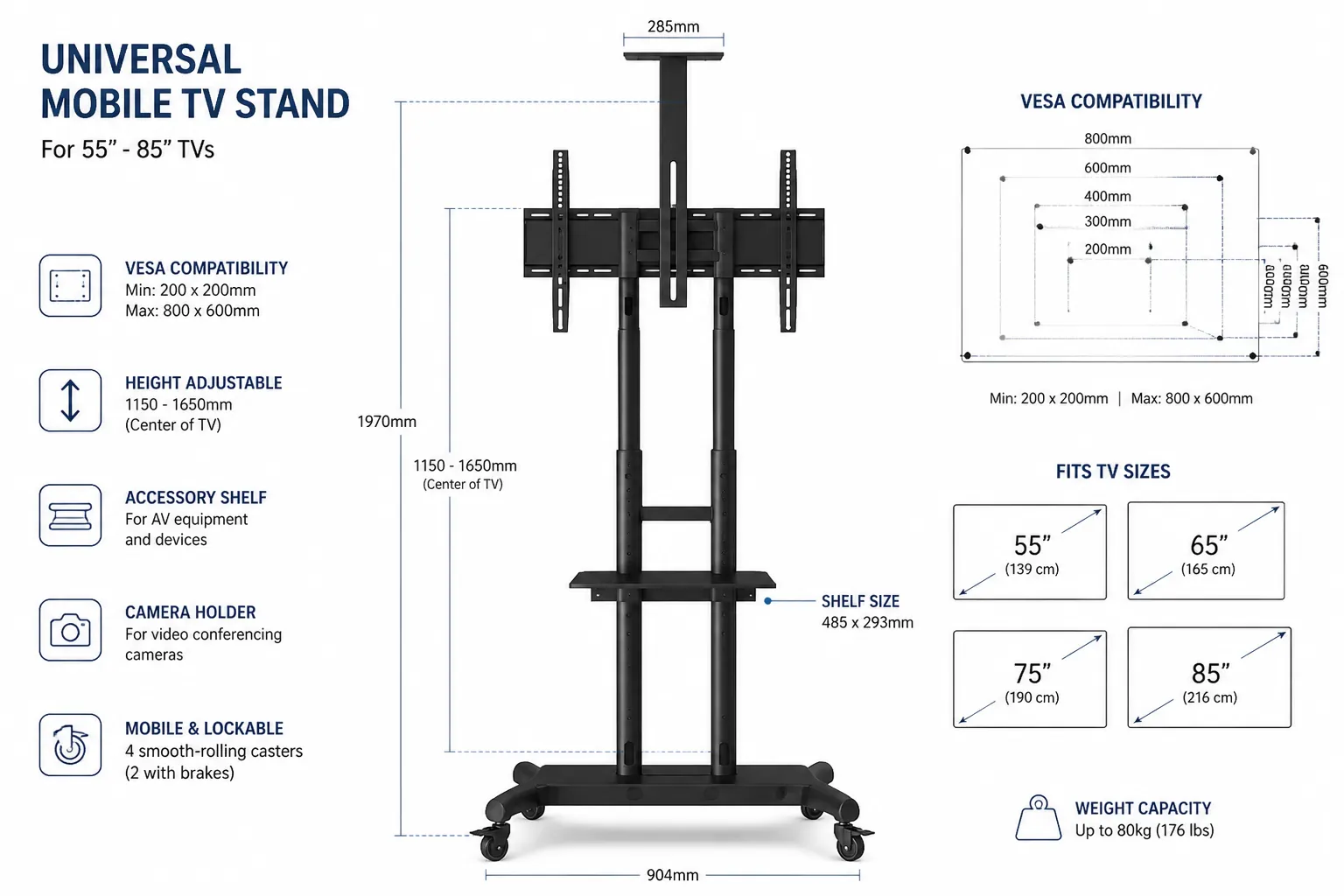 Technical diagram showing the Universal Mobile TV Stand with VESA compatibility measurements, dimensions, and various TV size comparisons from 55 to 85 inches