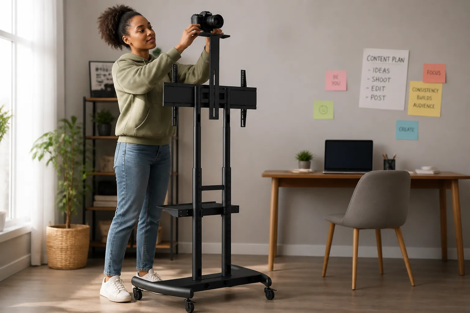 Modern content creator workspace with Universal Mobile TV Stand featuring camera holder for vlogging and streaming setup