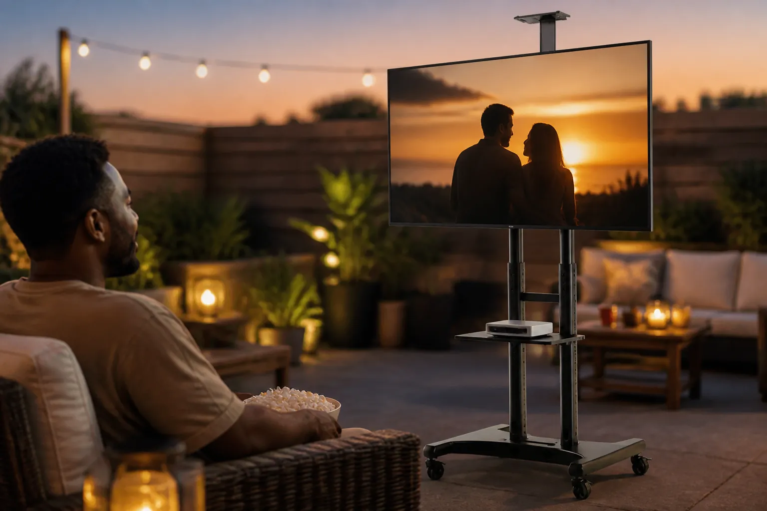 Outdoor movie night setup with Universal Mobile TV Stand on patio, creating magical evening entertainment experience