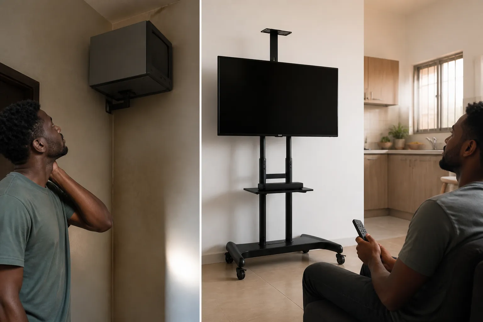 Old television mounted uncomfortably high on wall causing neck strain, positioned in a cramped corner away from the kitchen with poor viewing angles
