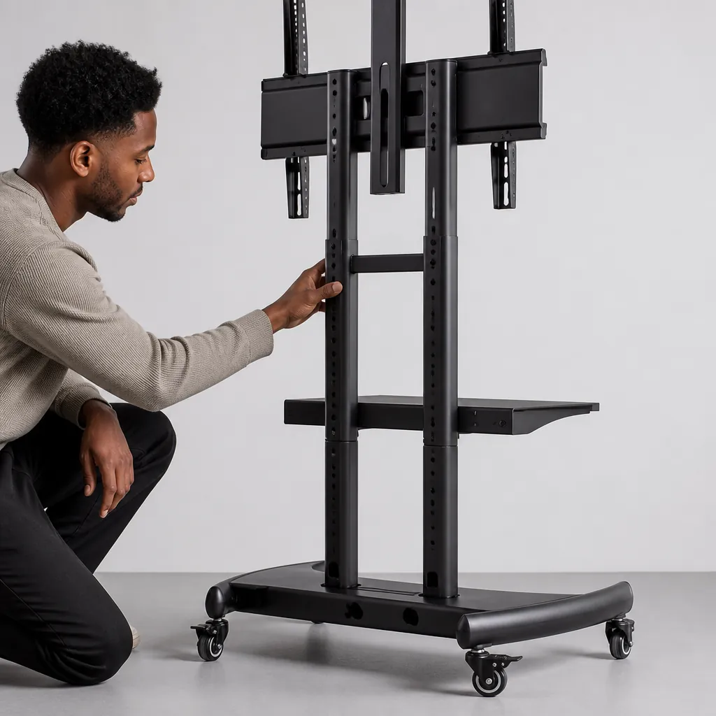 Detailed view of Universal Mobile TV Stand showing height adjustment mechanism, smooth rolling lockable wheels, and stable reinforced base