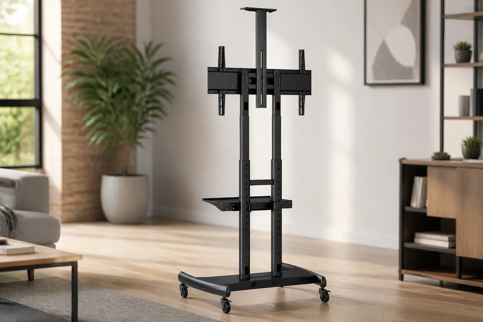 Sleek Universal Mobile TV Stand at perfect eye level, smoothly rolled into the perfect viewing position in an open modern living space