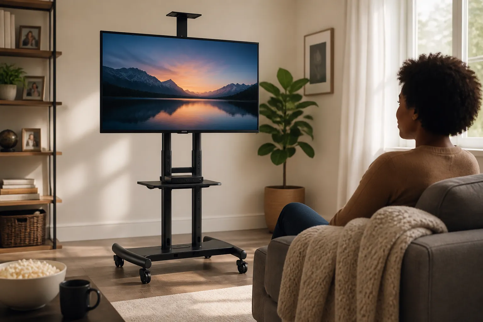 Beautiful modern living room featuring the Universal Mobile TV Stand positioned for family movie watching with smooth rolling wheels visible