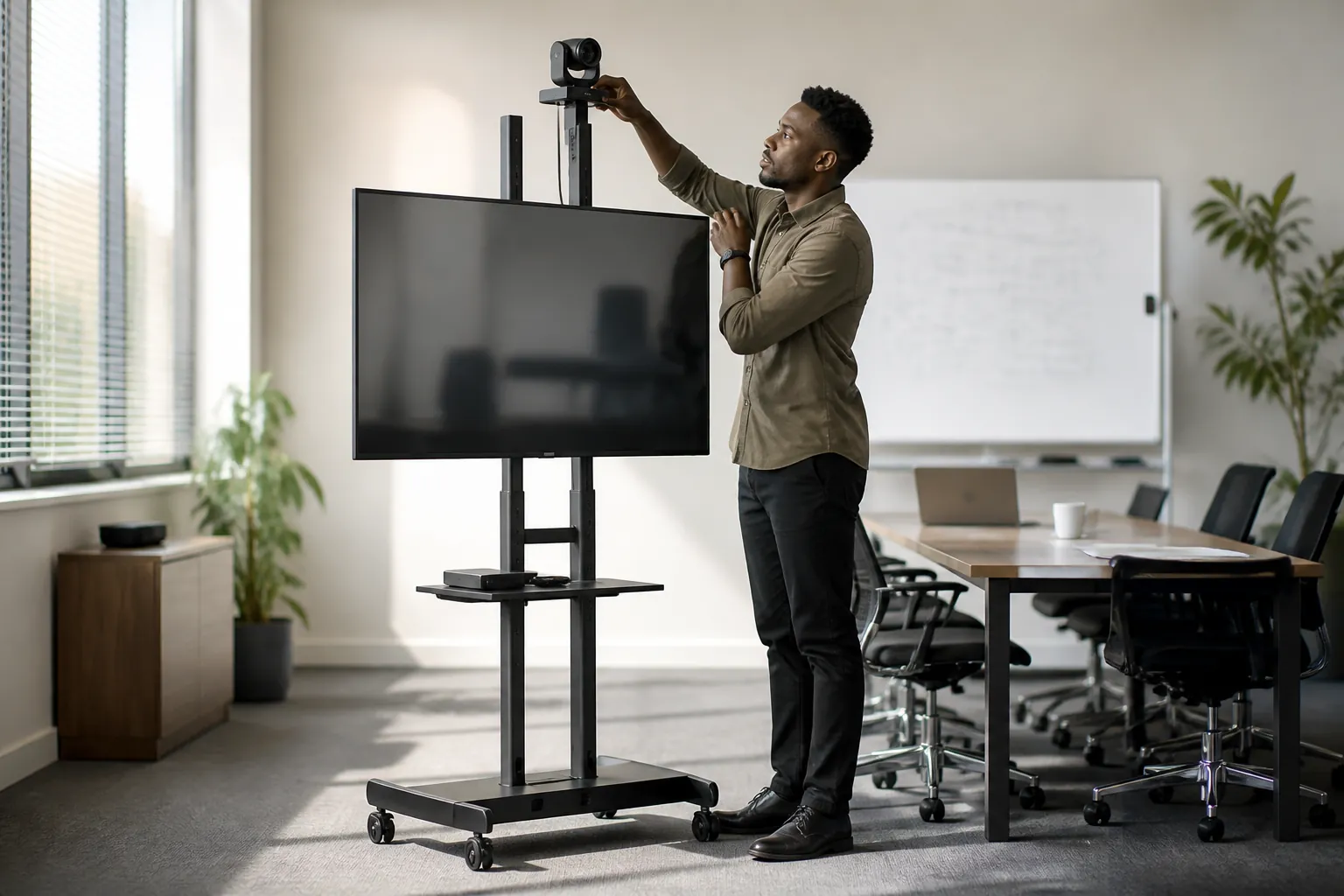 Professional conference room setup with Universal Mobile TV Stand for presentations and video conferencing