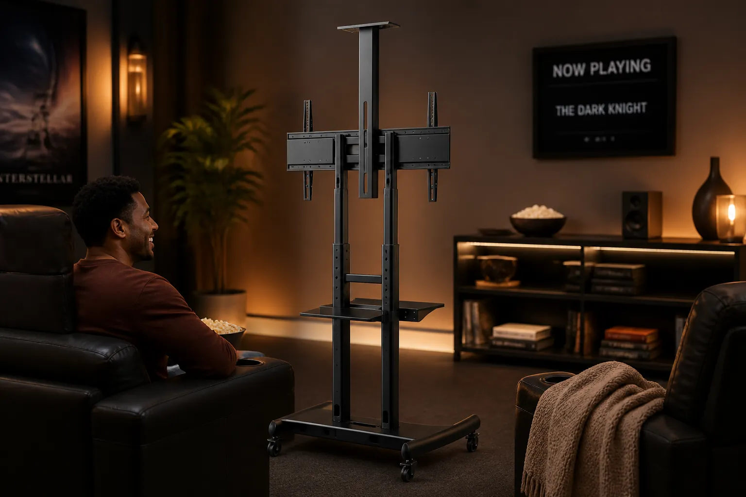Cozy home theater setup with Universal Mobile TV Stand as the centerpiece, surrounded by comfortable seating and ambient lighting