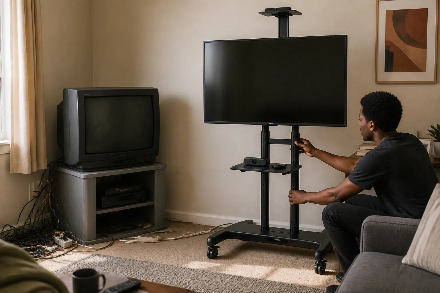 Old TV setup stuck in a corner causing neck strain and limited viewing angles, with messy cables and poor ergonomics