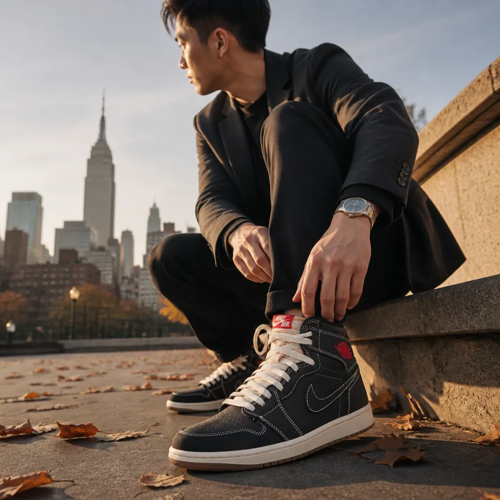 Confident young professional wearing Air Jordan 1 Flight Club in an urban street style setting with city skyline backdrop, showcasing aspirational lifestyle