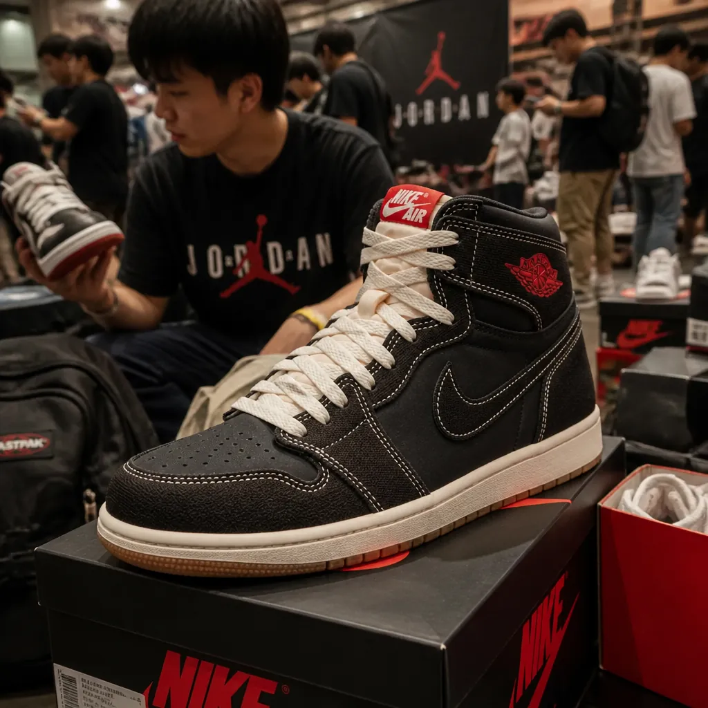 Diverse group of passionate Jordan fans gathered at a sneaker convention wearing their favorite Air Jordan releases, celebrating their shared love for basketball culture